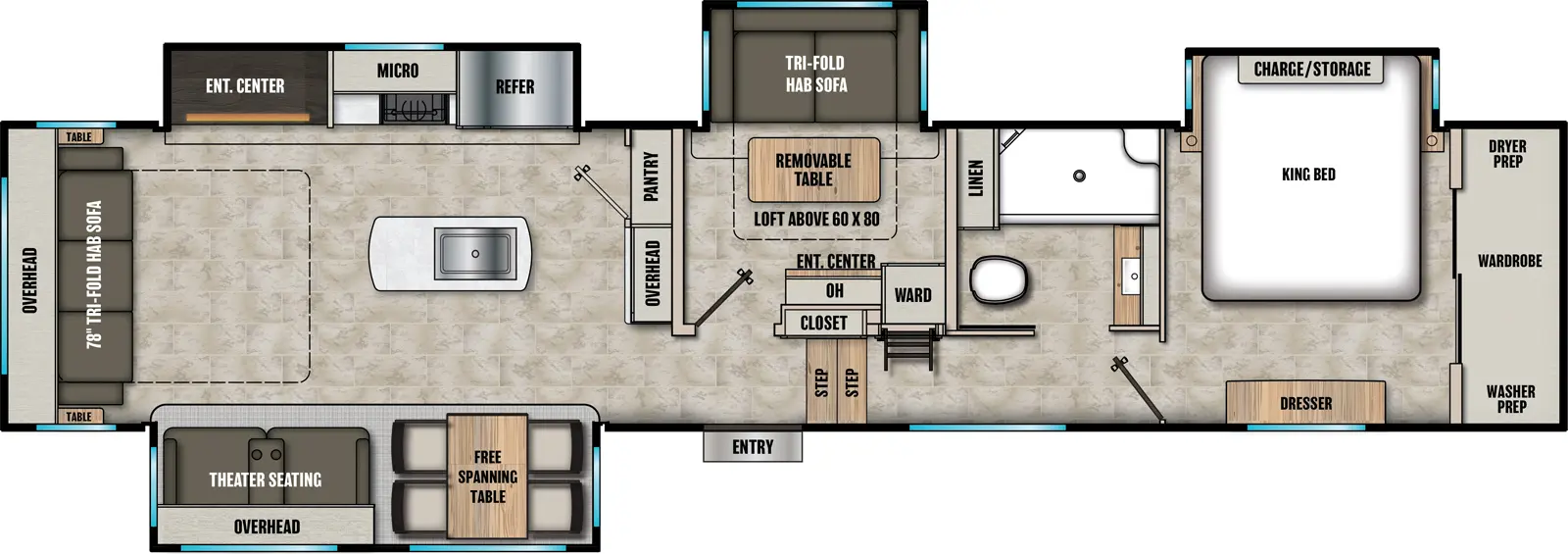 The Phoenix 393MBX floorplan has one entry and four slide outs. Exterior features include: fiberglass exterior and 20' awning. Interiors features include: loft, kitchen island, free-standing dinette option, front bedroom and rear living.